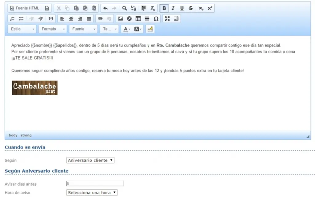 Editor de mensajes automáticos de Tarjeta Cliente con campos personalizados de nombre y apellidos, y configuración de envío por aniversario del cliente con aviso cinco días antes