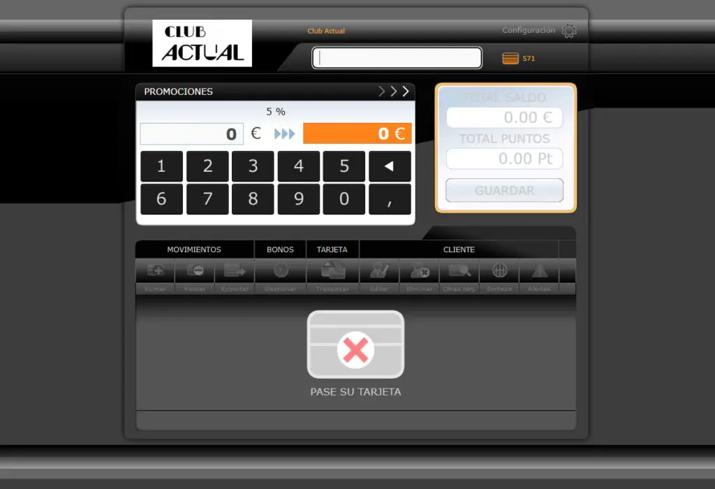Panel de Tarjeta Cliente: teclado para introducir el importe, promoción del 5%, saldo y puntos del cliente y pestañas de movimientos, bonos, tarjeta y cliente
