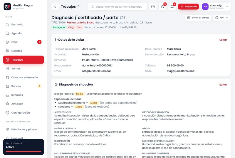 Documento de diagnosis de Gestión Plagas generado desde una cita, con especies, productos aplicados y firma