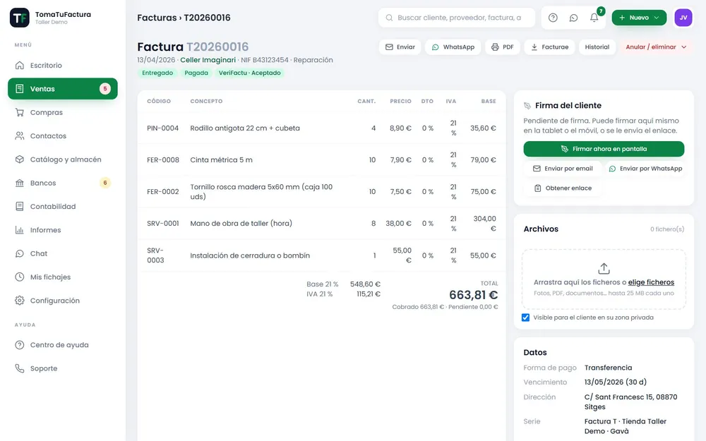 Editor de facturas de TomaTuFactura con líneas de artículos, IVA por tipo y registro VeriFactu